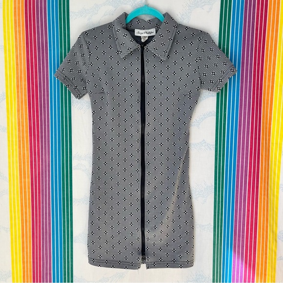 Vintage 90s Y2K Zip Front Plaid Daisy Mini Dress academia club extra small - Picture 1 of 10